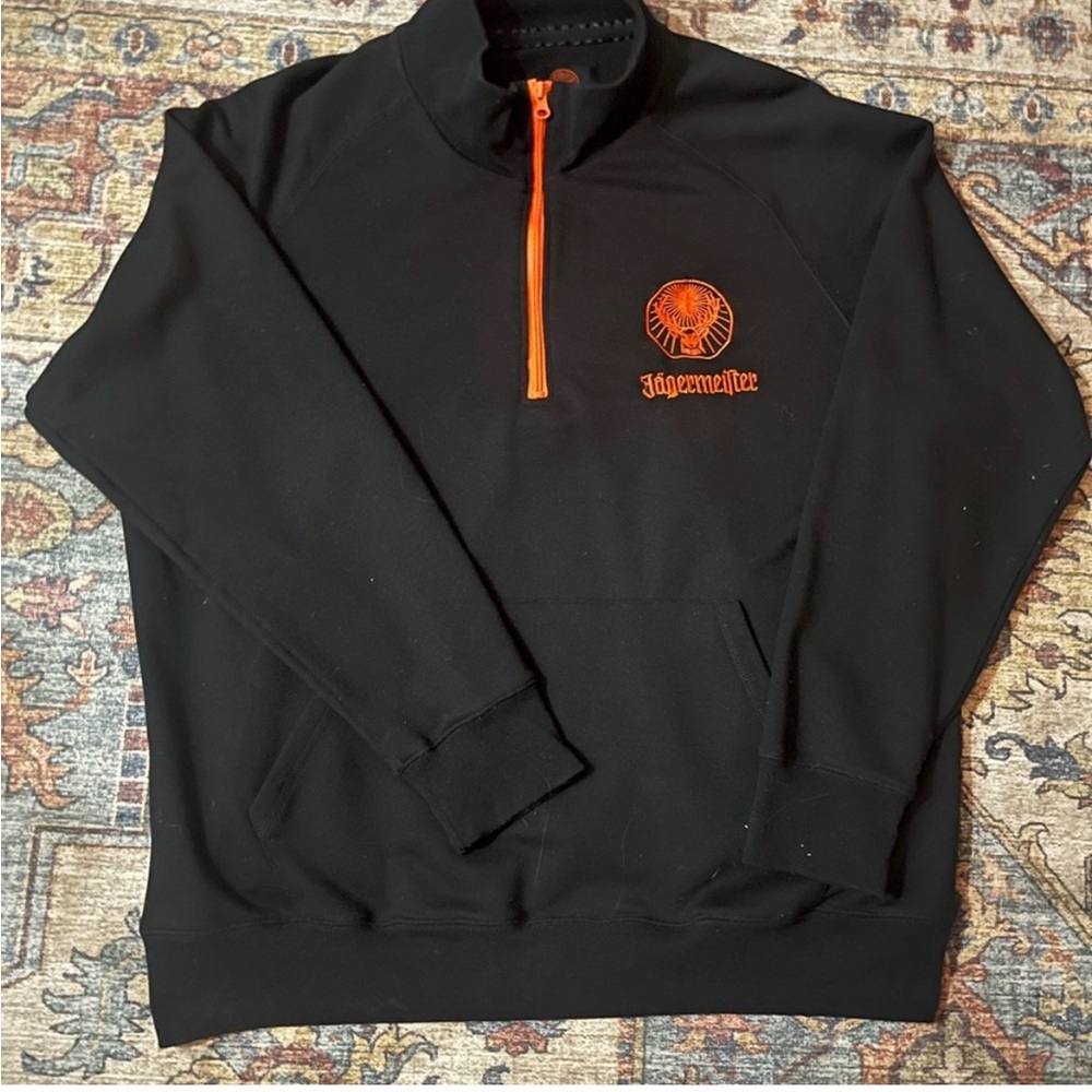 Jagermeister Men's Black Zip-Up Sweater with Orange Details
